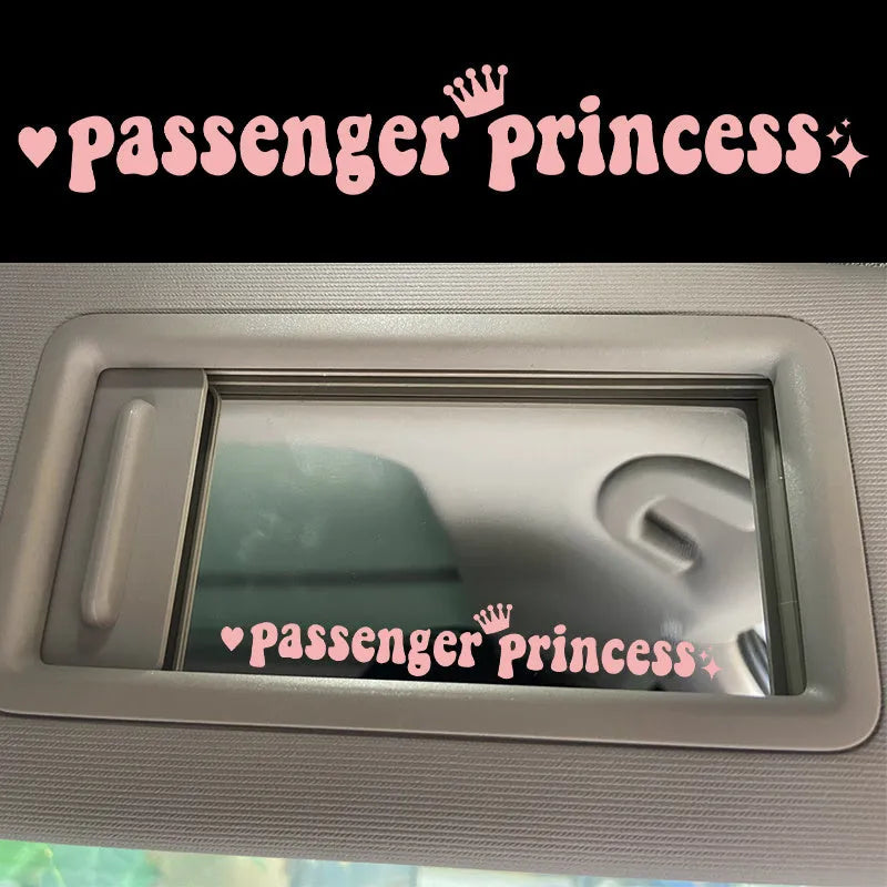 Passenger Princess text car sticker for rearview mirror in black, white, pink, or laser colour.