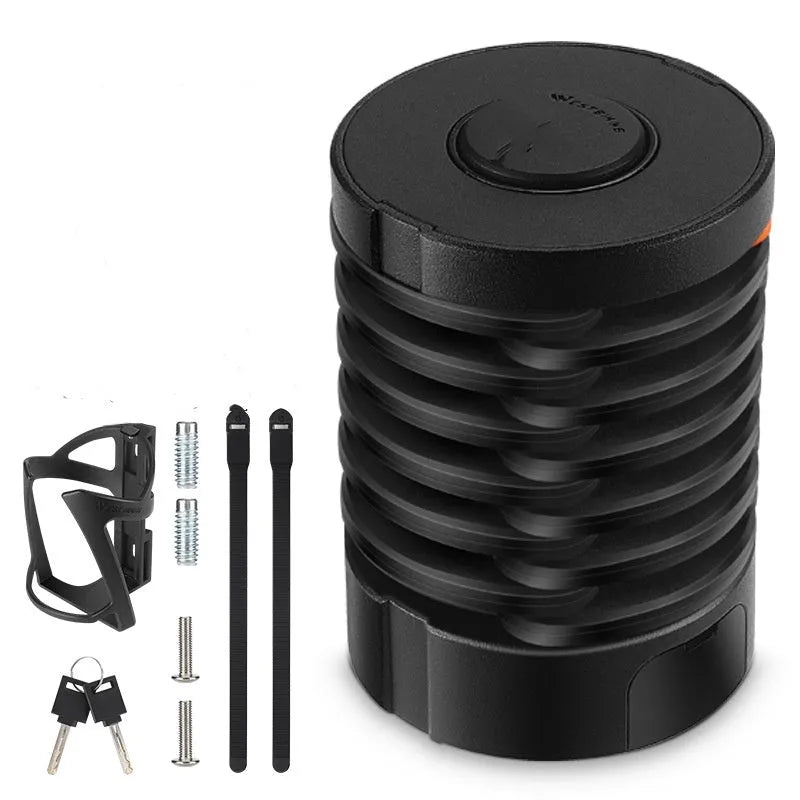 Portable black and black orange bicycle folding lock with a modern design shown open and folded.
