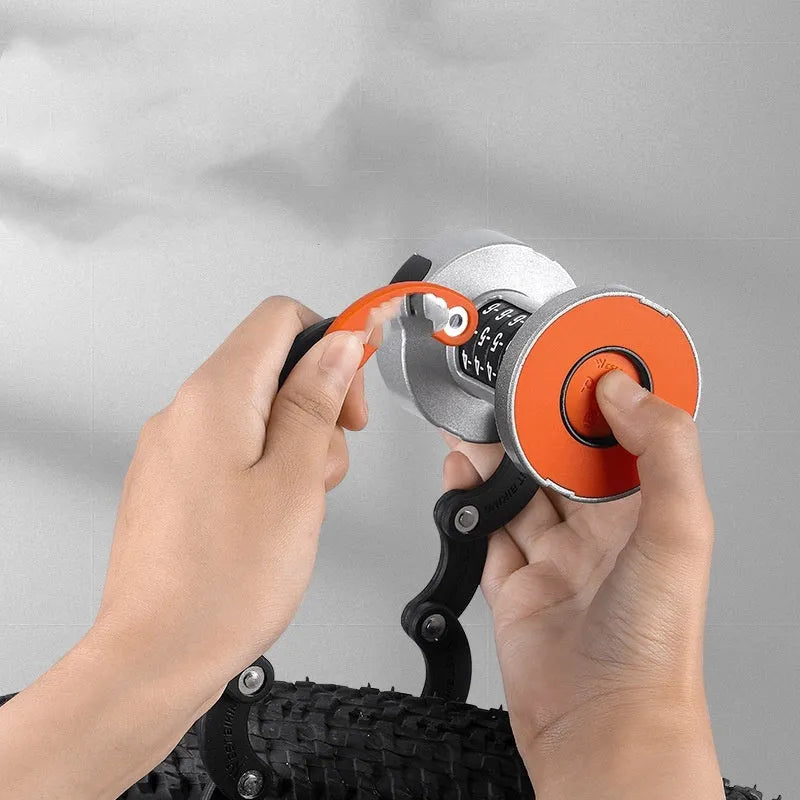 Portable black and black orange bicycle folding lock with a modern design shown open and folded.