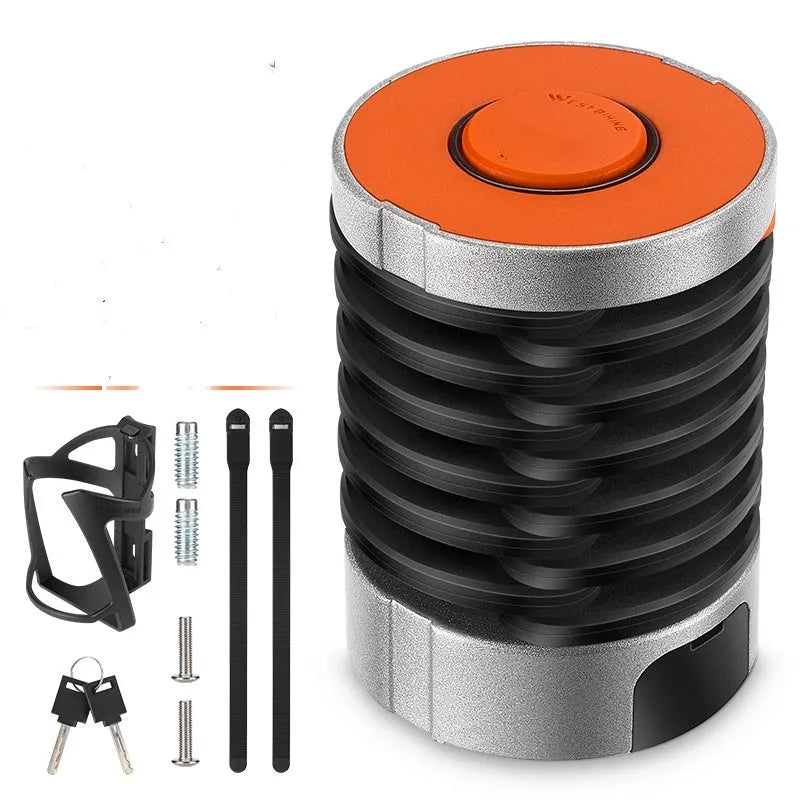 Portable black and black orange bicycle folding lock with a modern design shown open and folded.