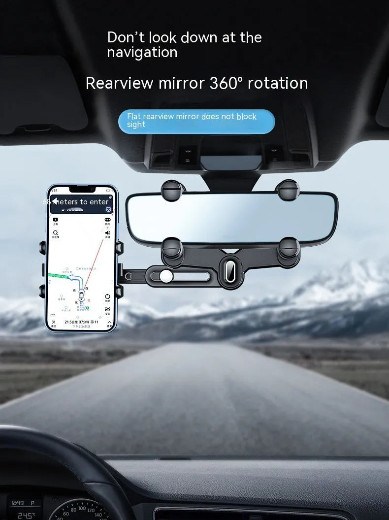 Universal retractable phone holder mounted on car rearview mirror showing 4.0-7.0 inch device capacity