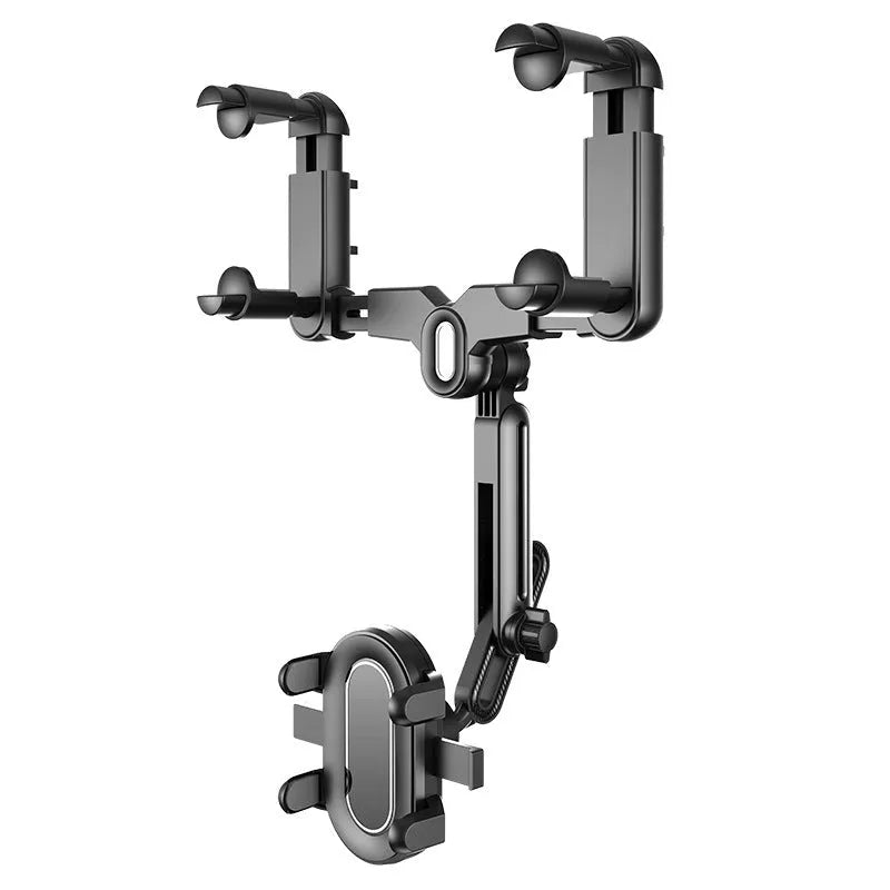 Universal retractable phone holder mounted on car rearview mirror showing 4.0-7.0 inch device capacity
