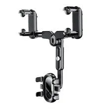 Universal retractable phone holder mounted on car rearview mirror showing 4.0-7.0 inch device capacity