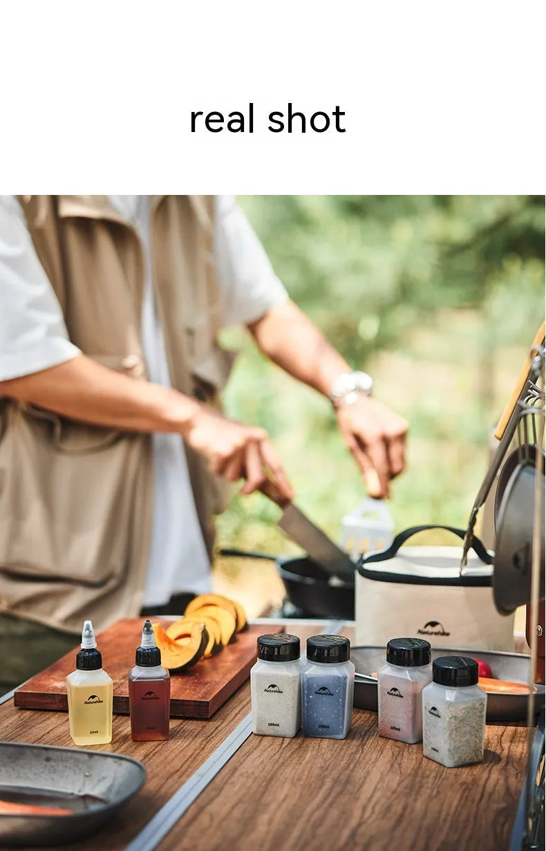 Naturehike modern minimalist six-piece plastic seasoning bottle set for outdoor use.