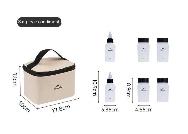 Naturehike modern minimalist six-piece plastic seasoning bottle set for outdoor use.