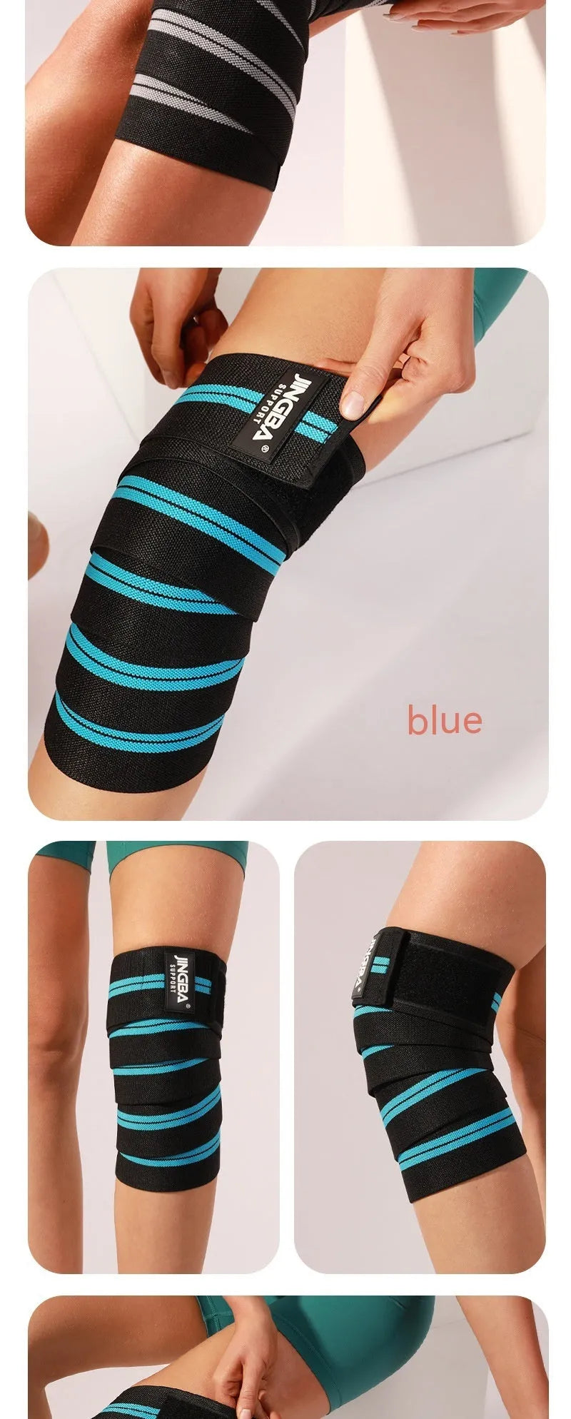 Adult adjustable knee pad for weightlifting and cycling in blue, gray, red, or yellow colour