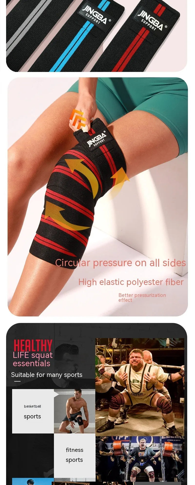Adult adjustable knee pad for weightlifting and cycling in blue, gray, red, or yellow colour