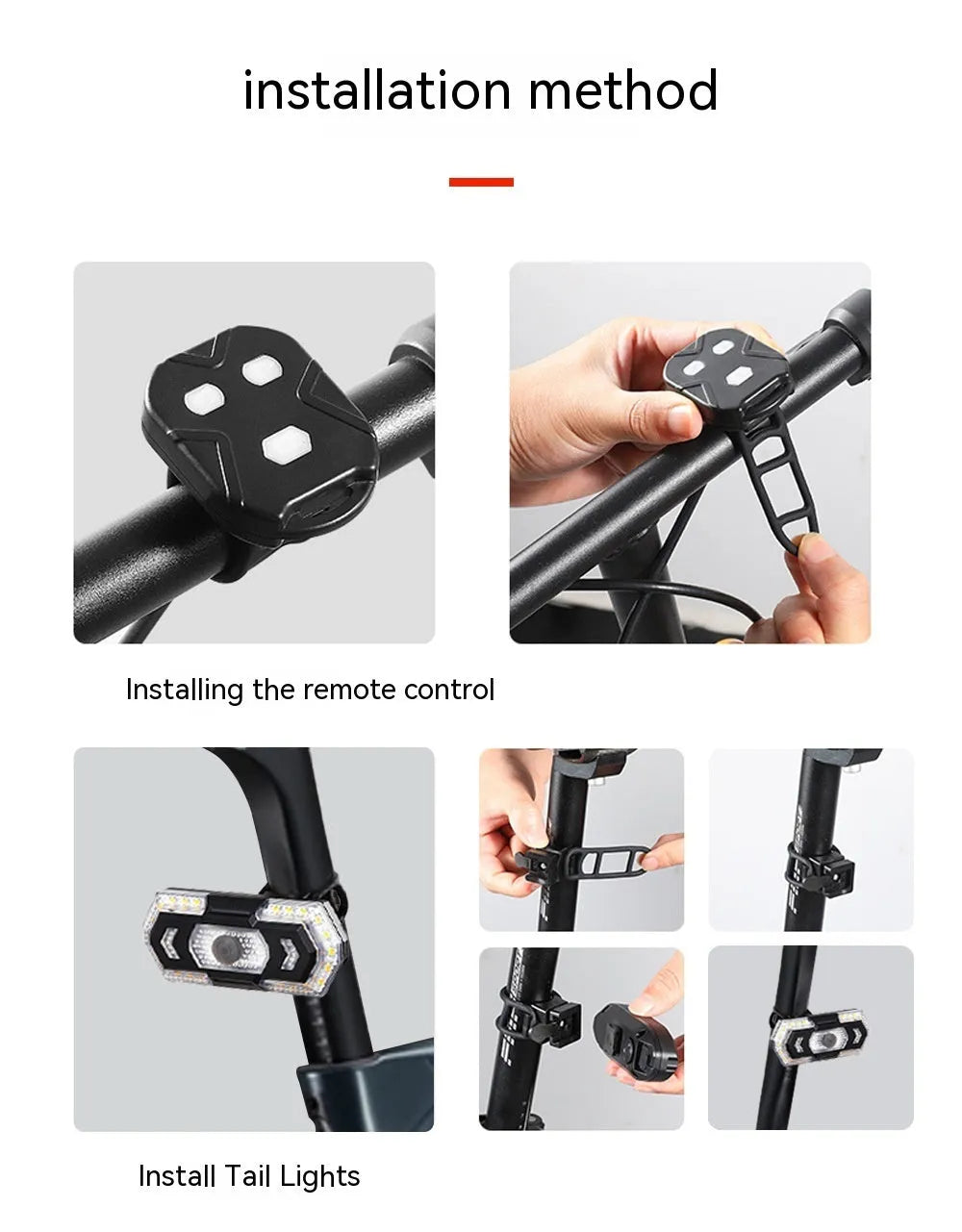 Black wireless remote control USB charging waterproof bicycle taillight with turn signals.
