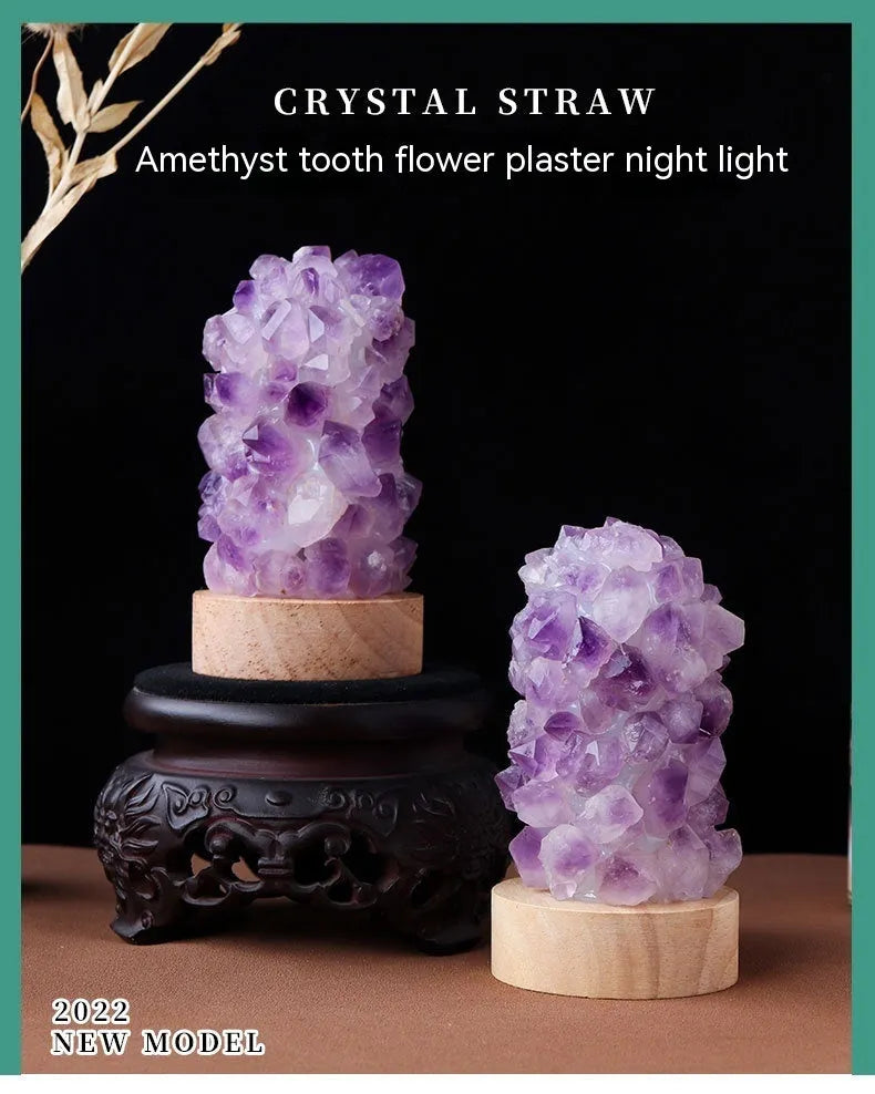 Mini amethyst crystal night light with USB cable, showing natural purple colour and crystalline tooth flower structure.