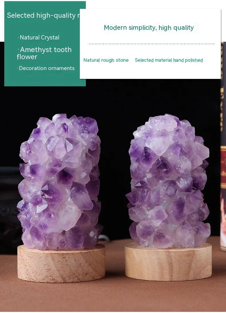 Mini amethyst crystal night light with USB cable, showing natural purple colour and crystalline tooth flower structure.