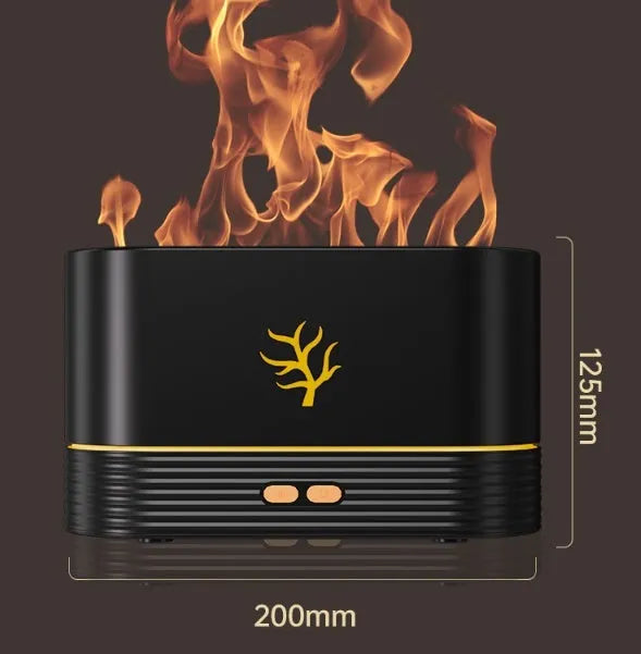 Square black or white USB flame humidifier with LED simulation fire effect and mist output.