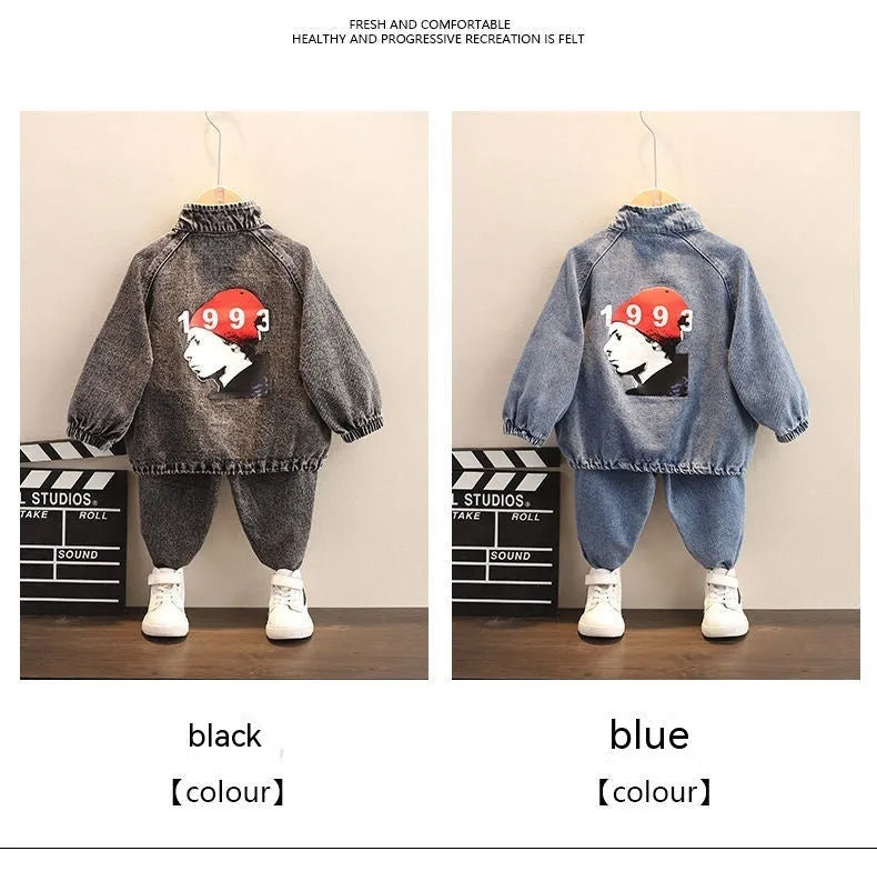 Boys' blue denim two-piece suit set with long sleeves, showing top and trousers laid flat.