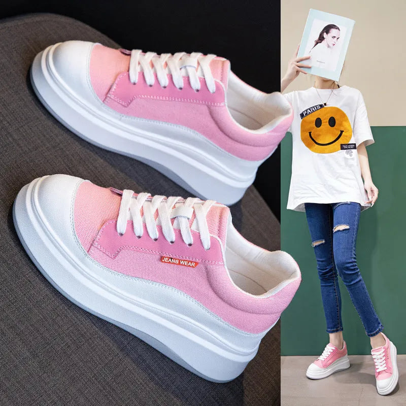 Women's beige and pink leather board shoes with a thick sole, shown from the side.