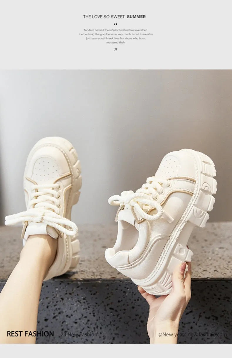 Beige muffin bottom leather shoes with 3cm rubber foam sole on a neutral background