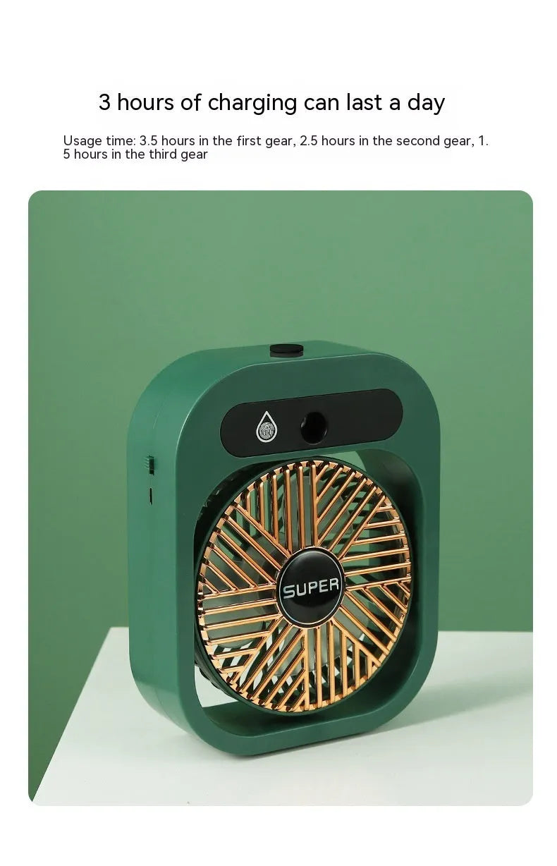 Green and white USB rechargeable portable misting fan and humidifier with adjustable wind direction