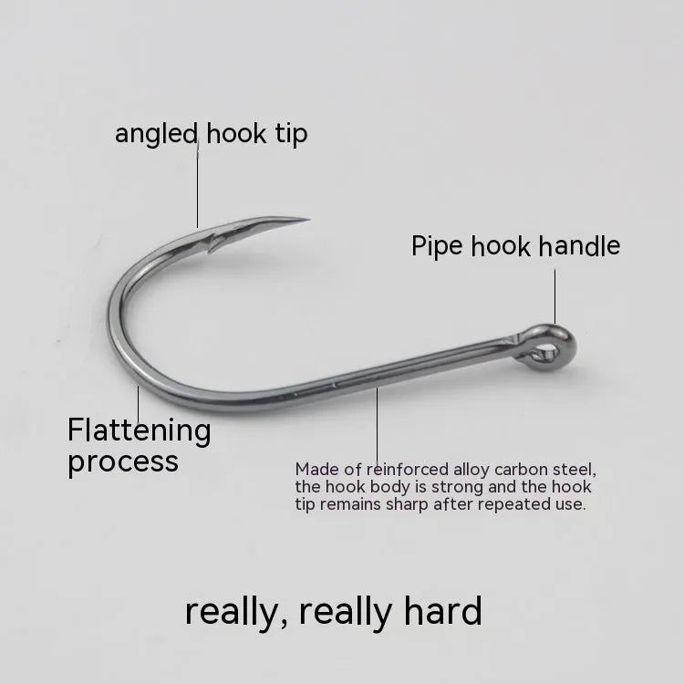 Bulk pack of barbed crooked mouth fishing hooks for sea fishing, made from alloy carbon steel.