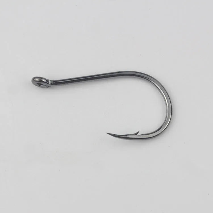 Bulk pack of barbed crooked mouth fishing hooks for sea fishing, made from alloy carbon steel.