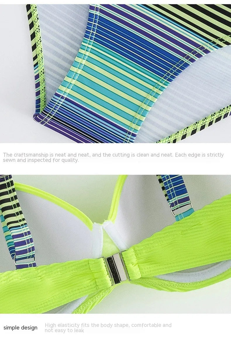 Green printed halter bikini set for women on a white background.