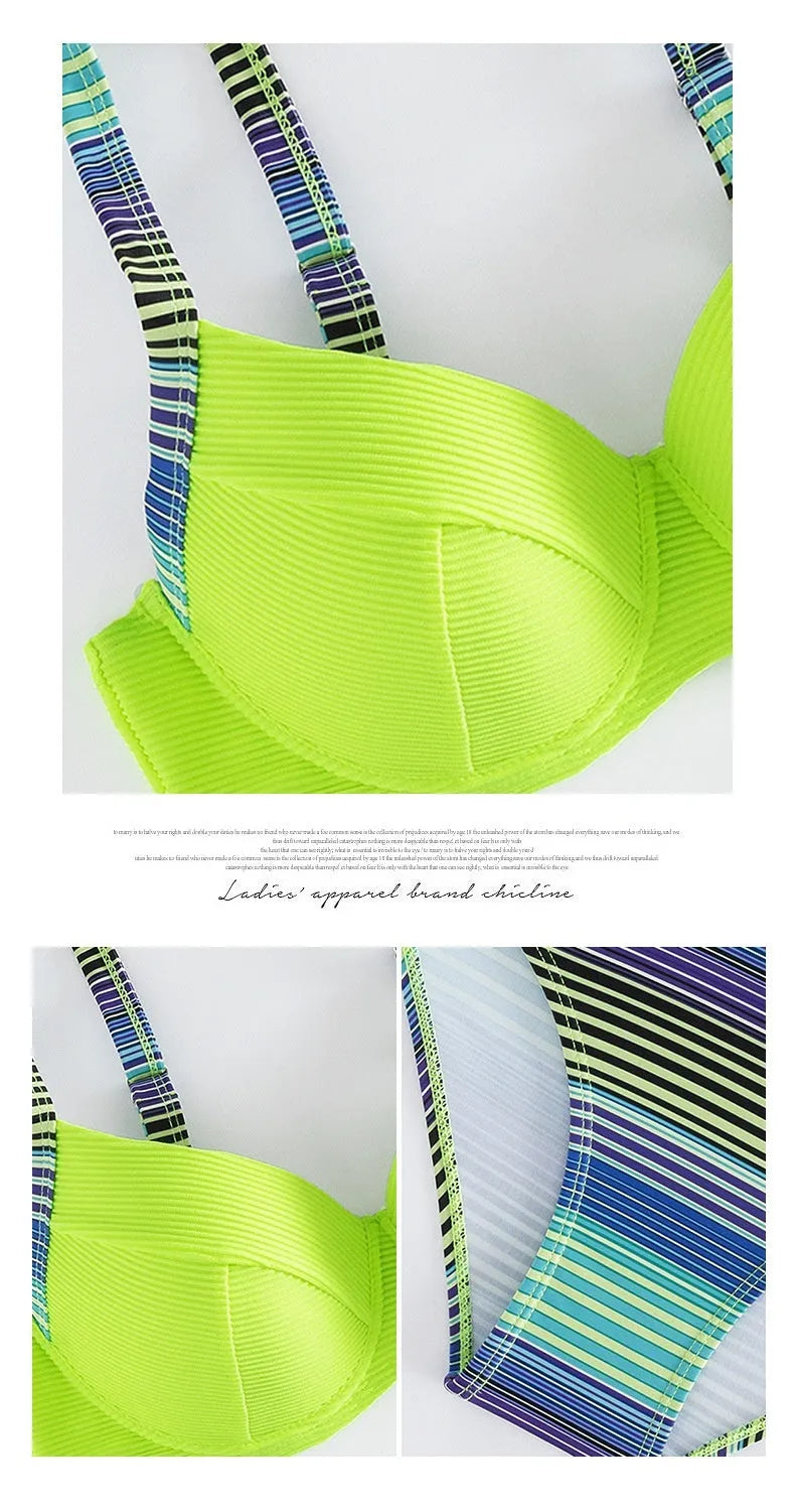 Green printed halter bikini set for women on a white background.