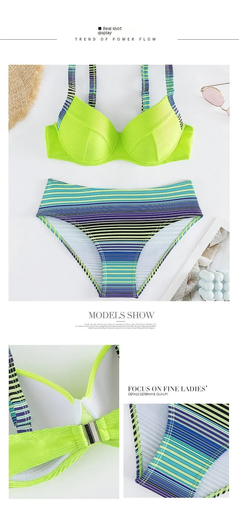 Green printed halter bikini set for women on a white background.