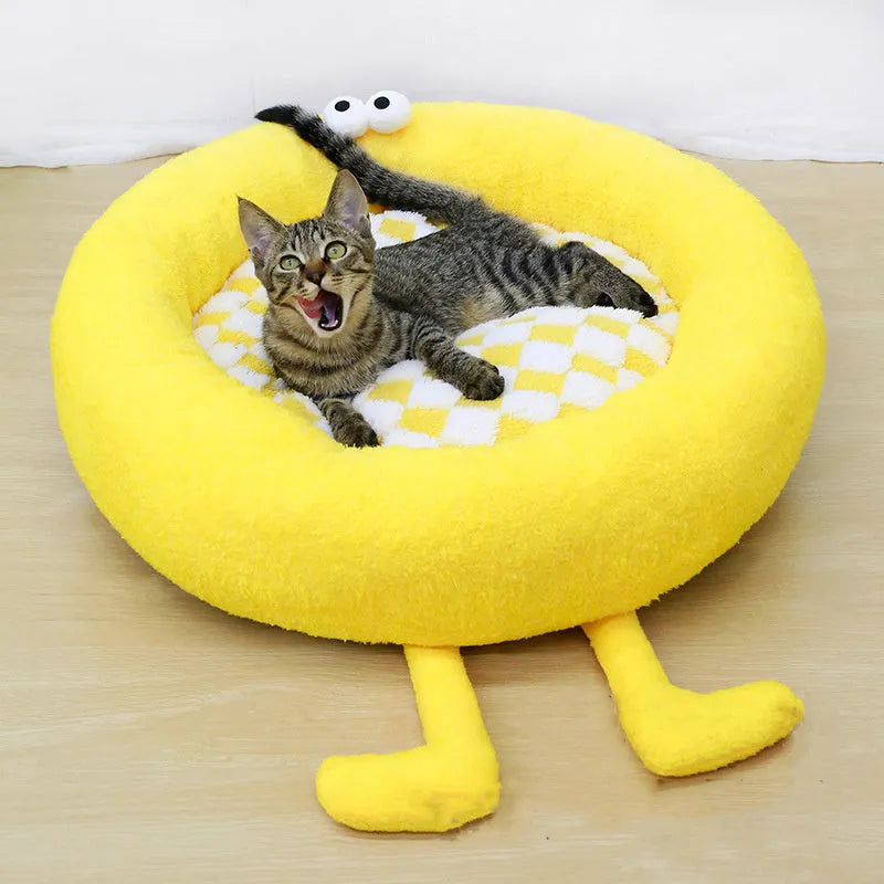 Circular plush dog bed nest for small medium dogs in black, pink, or yellow
