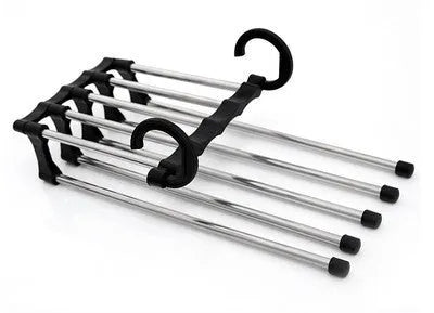 Black stainless steel 5-in-1 multi-functional trousers hanger with five booms on a clothes rack