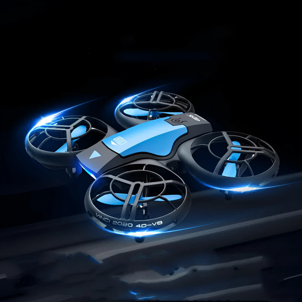 Blue V8 mini RC quadcopter drone with camera, remote control, and modular battery