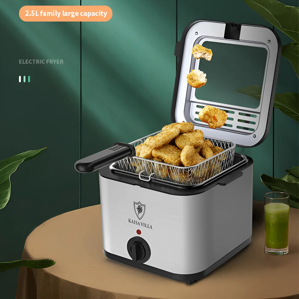 Silver electric air fryer with stainless steel fryer basket showing UK plug