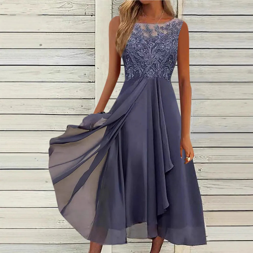 Women's sleeveless chiffon dress with hollow-out lace stitching in green, showing mid-length skirt and princess style silhouette