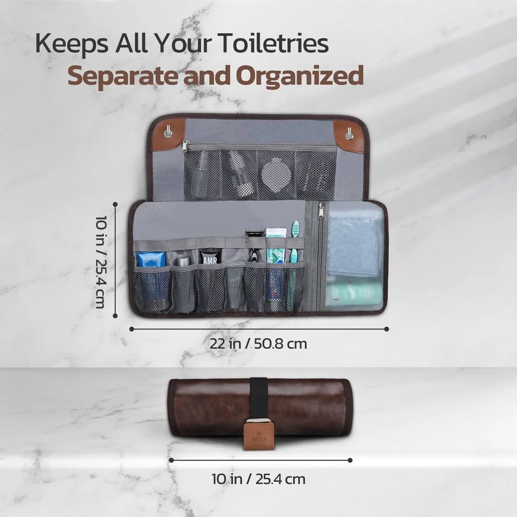 Men's black portable reel wash bag with PU material for travel storage
