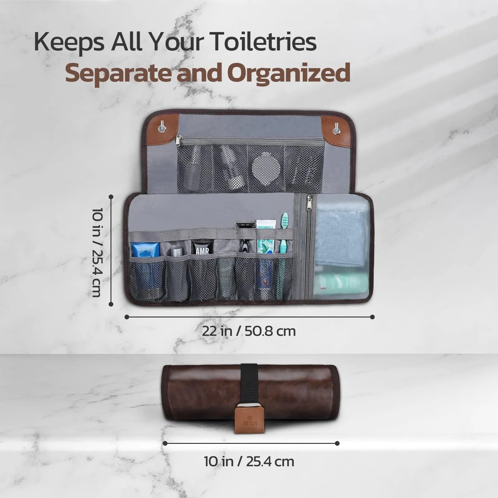 Men's black portable reel wash bag with PU material for travel storage