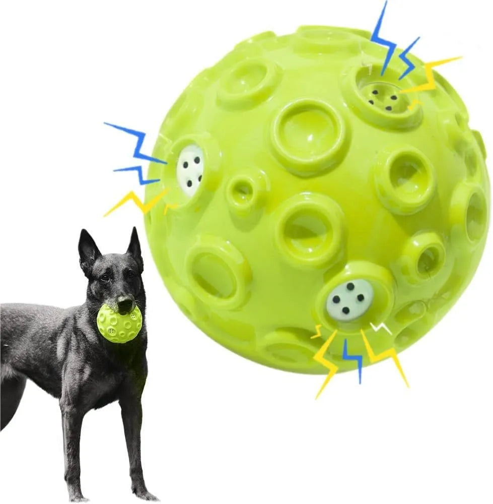 Dog toy ball in black, blue, green, orange, or yellow with squeaky sound generator and teeth-cleaning bumps