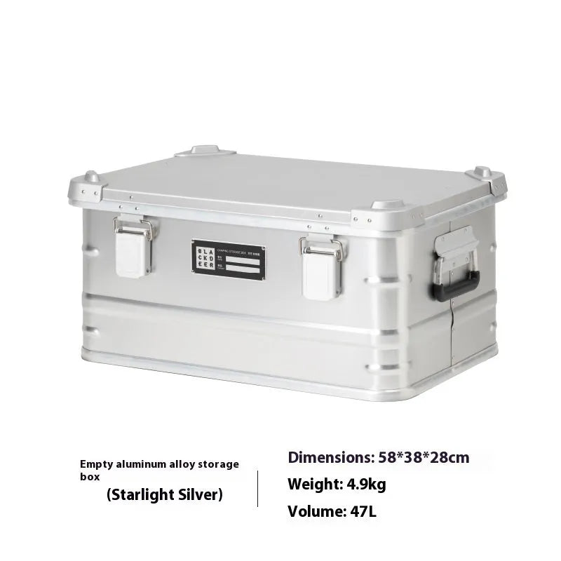 Field green aluminium alloy outdoor storage box with dimensions 58cm by 38cm by 28cm.