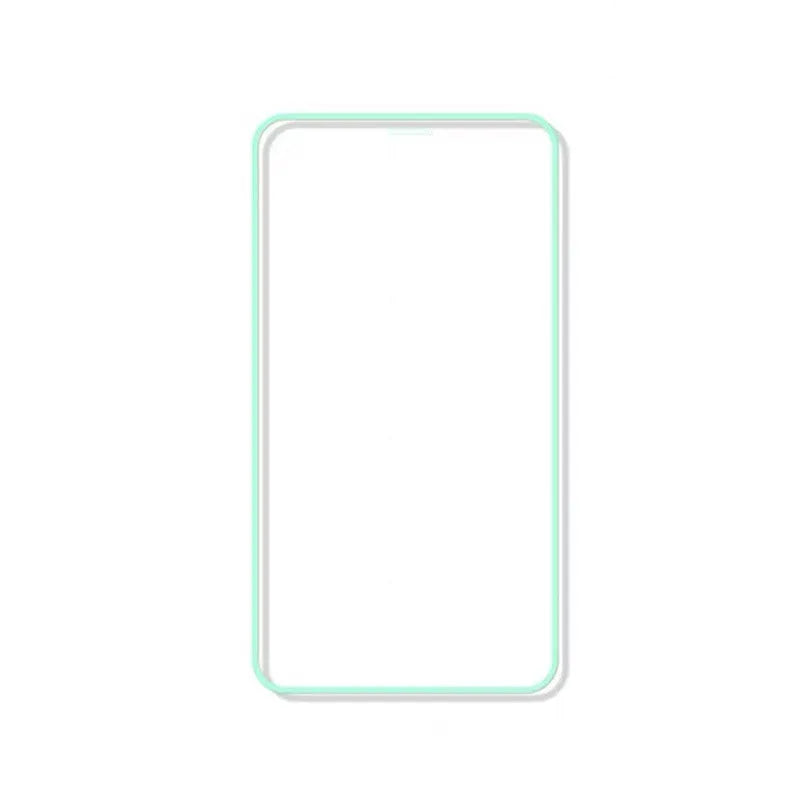 Luminous tempered glass screen protector glowing on iPhone in dark room with 9-layer protection diagram