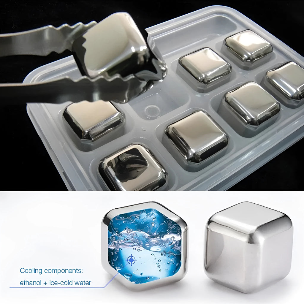 Stainless steel whiskey chilling stones in cube, ball, diamond, and heart shapes with clip