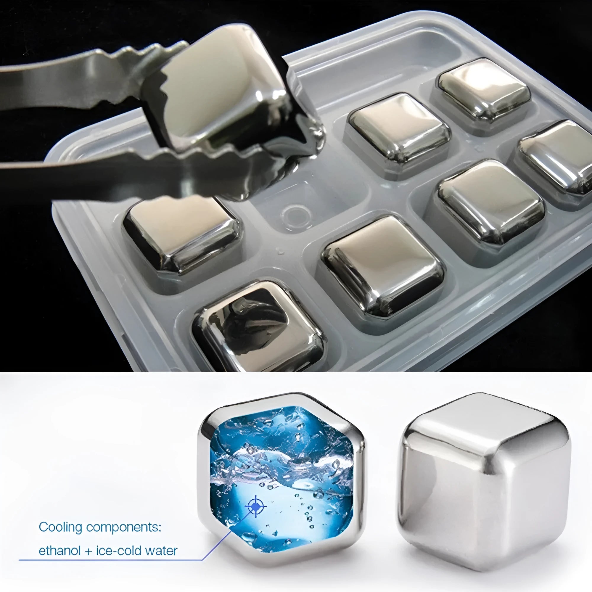 Stainless steel whiskey chilling stones in cube, ball, diamond, and heart shapes with clip