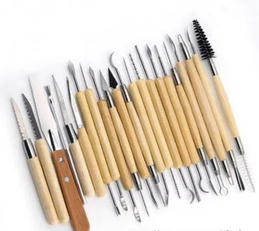 27-piece pottery clay tool set with stainless steel sculpting tools and OPP storage bag.