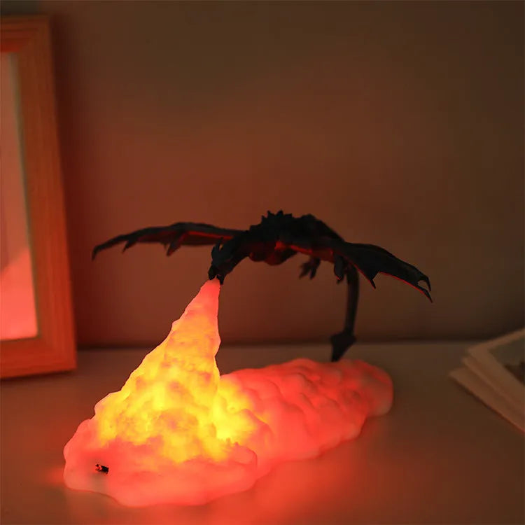 3D printed red fire-breathing dragon shape night light glowing on a dark surface