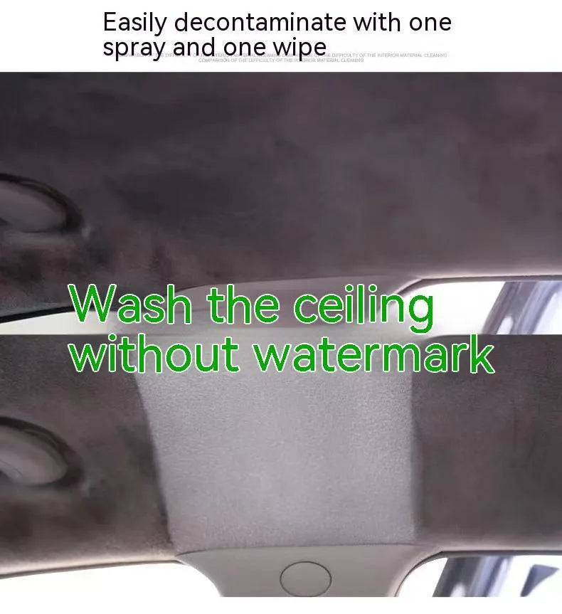 Bottle of enzyme-based fabric ceiling cleaner with towel and sponge wipes on a car roof