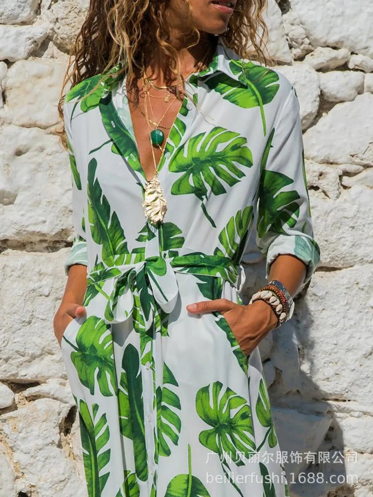 Printed chiffon dress with V-neck collar and A-line skirt in midi length
