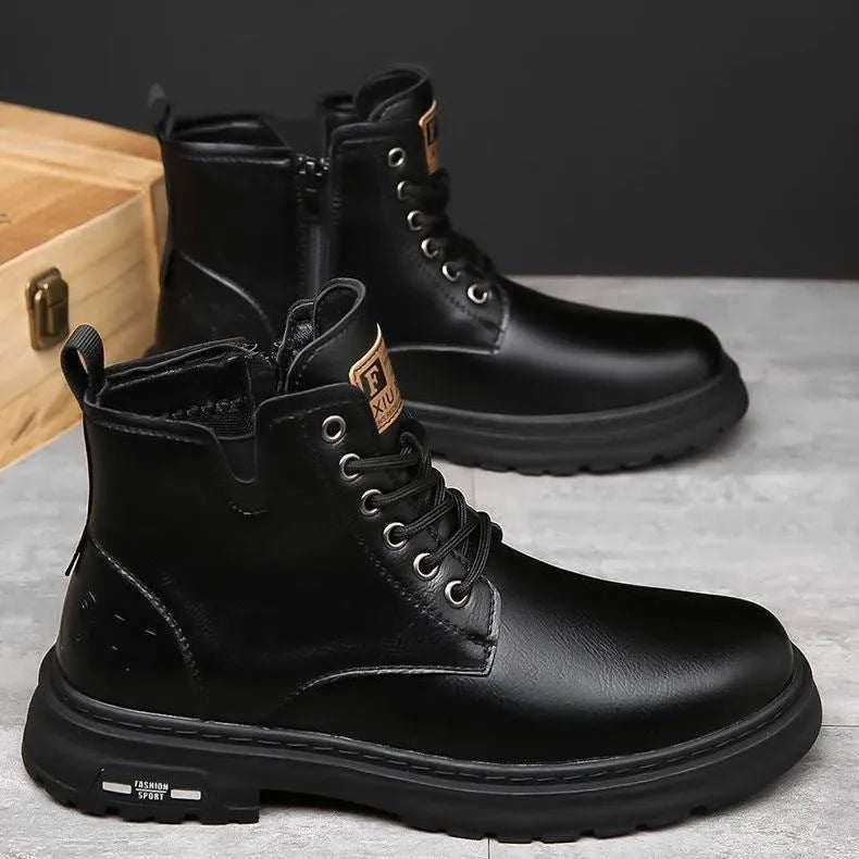 Men's black British Martin boots with thick rubber sole and front lace-up design