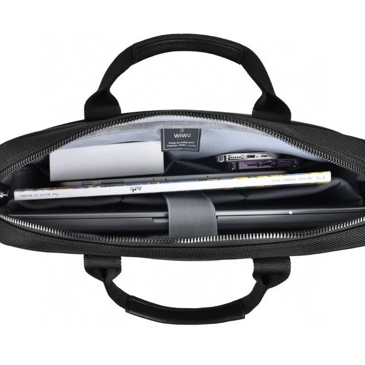 Black multi-pocket laptop handbag with separate computer compartment, Oxford cloth material, lock feature, and organised storage design