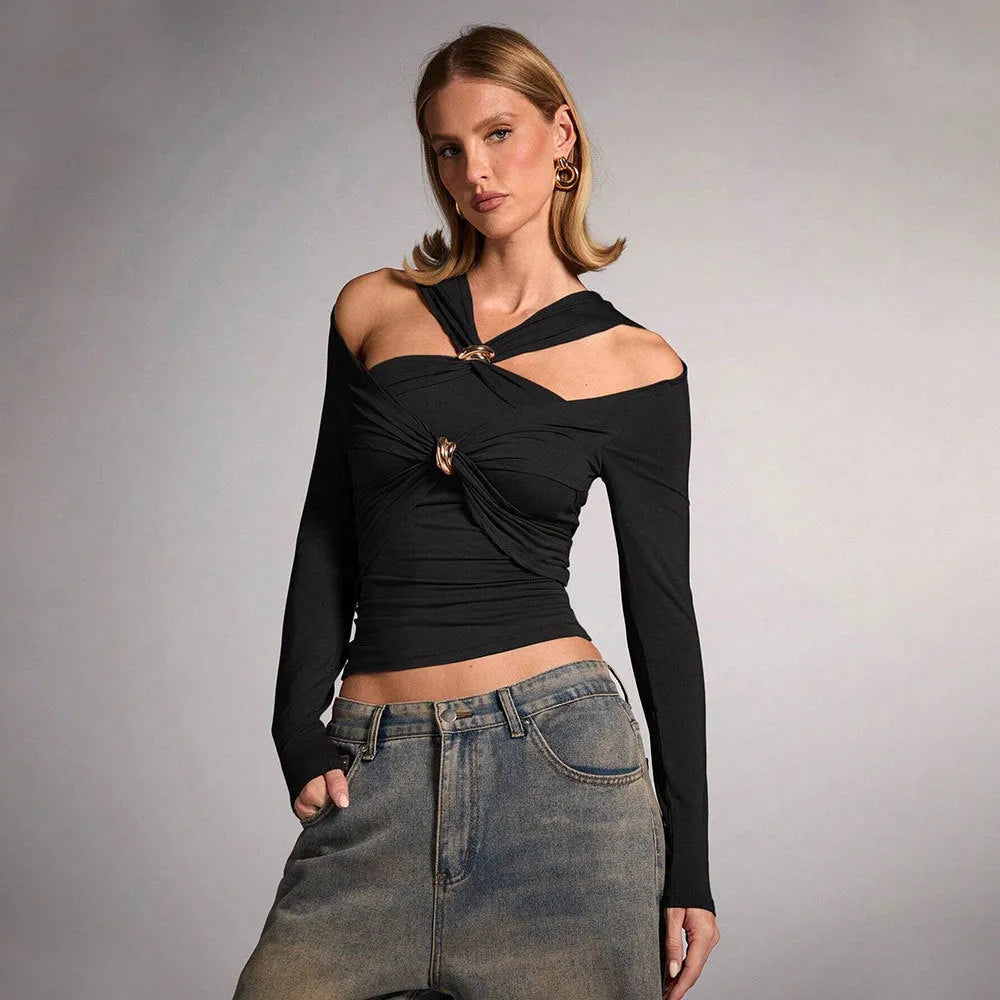 Black women's halterneck slim-fit top with long sleeves on a model.