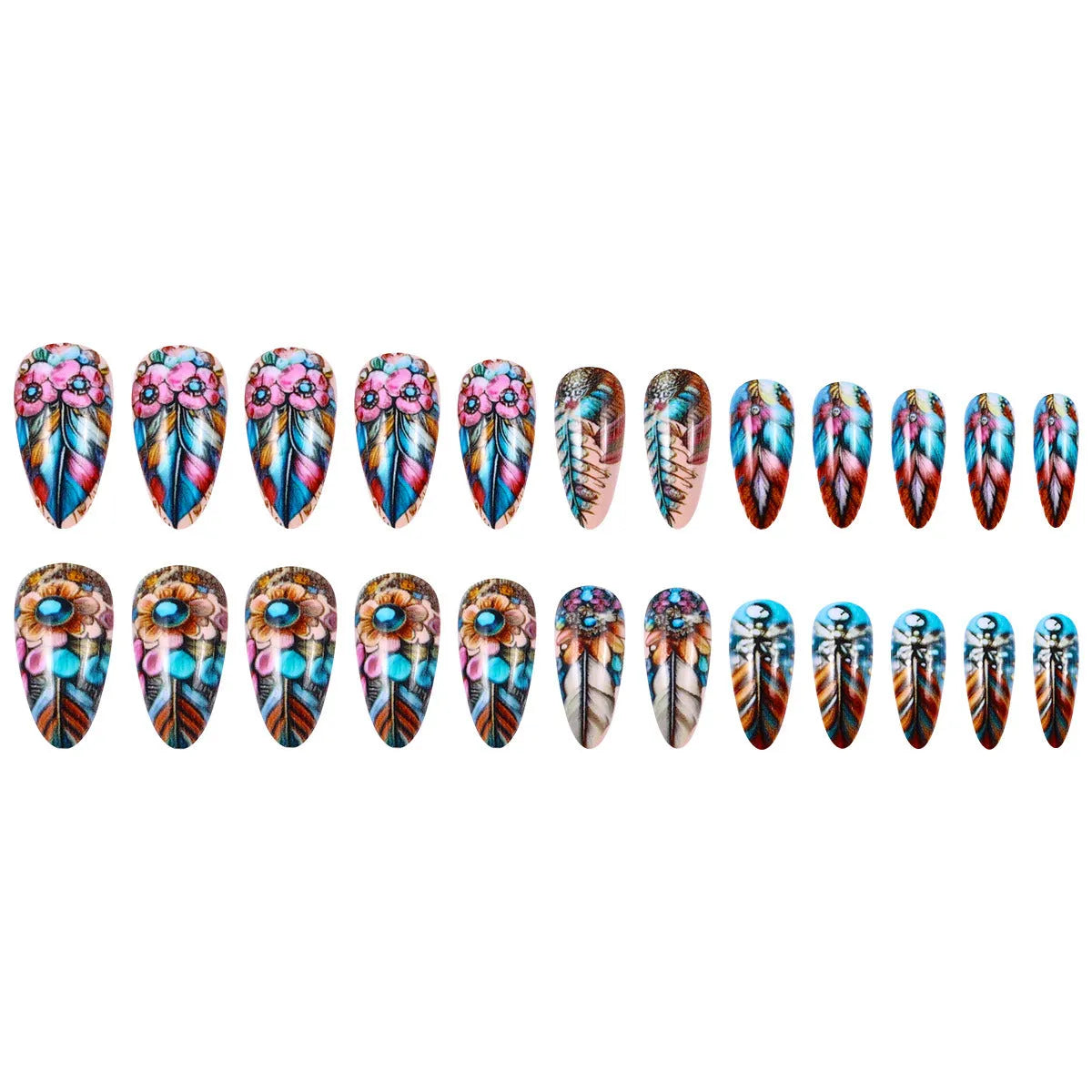 Retro colour feather armour nail art stickers with cartoon floral butterfly designs