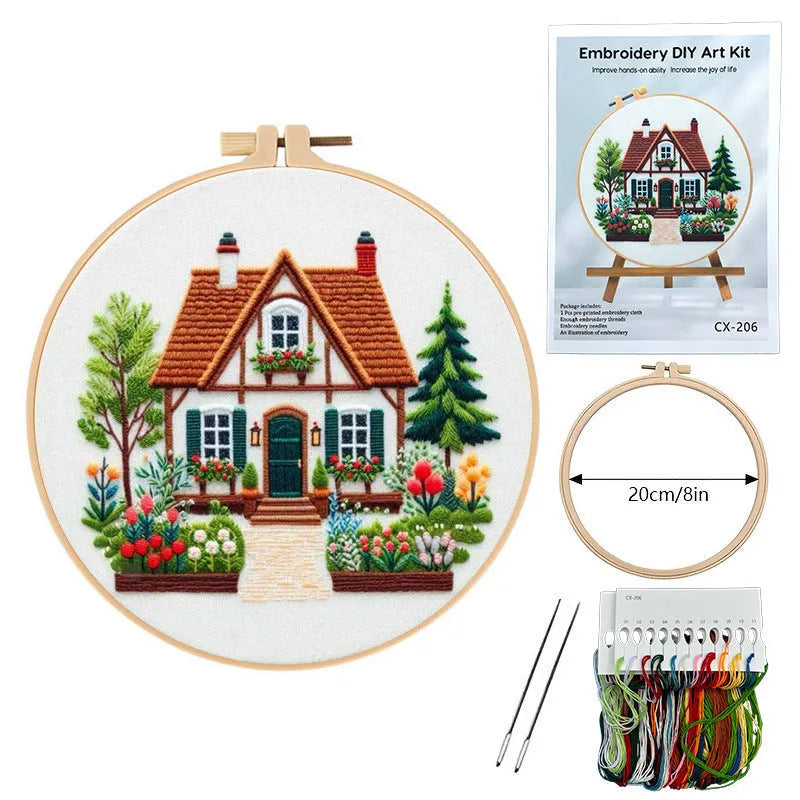 Garden Cottage embroidery fabric kit showing 28x28cm cotton linen cloth with landscape pattern