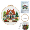 Garden Cottage embroidery fabric kit showing 28x28cm cotton linen cloth with landscape pattern
