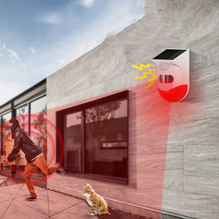 Solar-powered infrared alarm with wall mount for outdoor security detection up to 12 metres