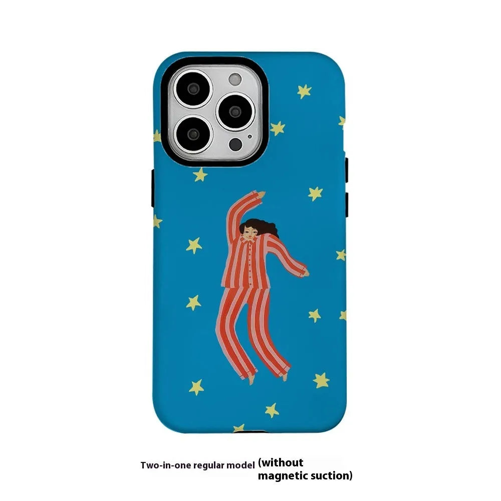 Feilin magnetic phone case with funny pajama girl XINGX illustration, frosted back cover for Apple iPhone 11 to 16