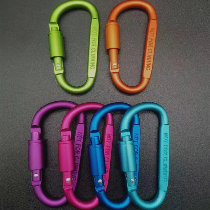 D-type aluminium carabiner with lock mechanism, 8cm length, flat profile, in multiple colour options