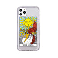 Creative Mythology Comic iPhone case showing retro cartoon sun and moon graffiti art on a silicone back cover.